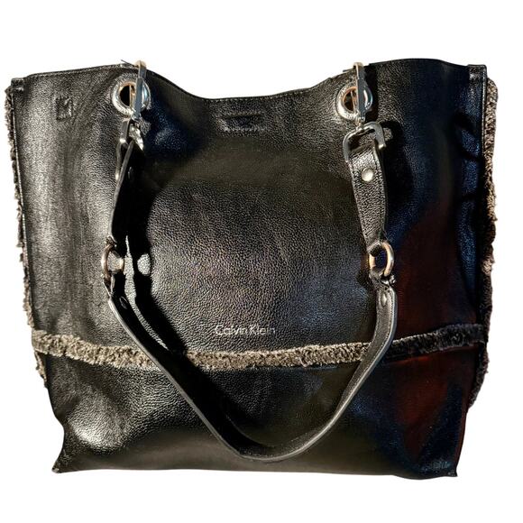 Calvin Klein Black leather & Suede w/ Grey Soft Fringe Reversible Tote Purse - Picture 1 of 9